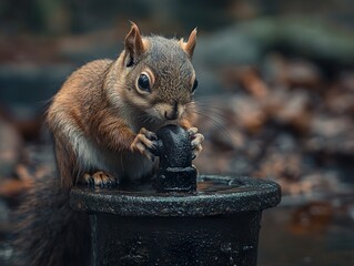 Canvas Print - Cute Squirrel Drinking Water From a Faucet in the Forest