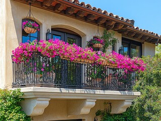 Wall Mural - A balcony with wrought iron railings and pink flowers in hanging baskets and planters.