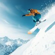 © Photography09 - Dynamic snowboarder soaring off a mountain peak, snow flying, intense speed, capturing pure adrenaline and extreme action in a snowy landscape