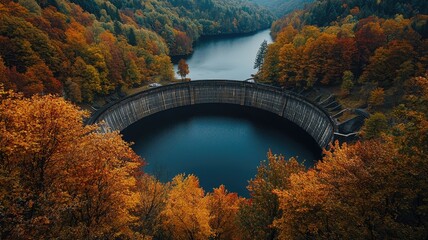 A serene aerial view of a dam surrounded by vibrant autumn foliage and a tranquil lake reflecting the colorful landscape.