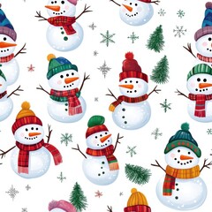 Wall Mural - Snowmen in Colorful Hats and Scarves Pattern Design