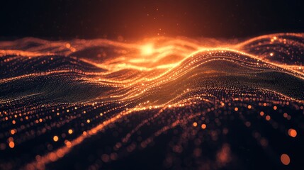 Poster - Abstract visualization of flowing waves with glowing particles and warm colors.