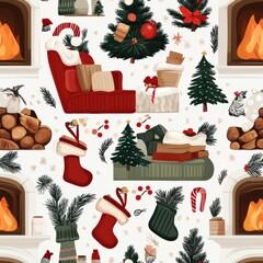 Wall Mural - Cozy Pattern of Fireplaces and Holiday Decor