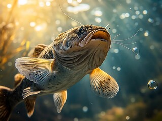 Wall Mural - A close-up of a catfish swimming in a freshwater river, illuminated by the sun.