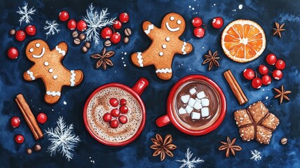 Set watercolor elements with Gingerbread cookies,Cup cocoa and sweets,cookies,sweet holiday card,Christmas menu,season greeting,xmas and New Year sweet composition,space for text.