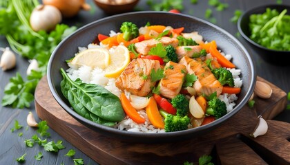 Wall Mural - Pan-Seared Salmon with Colorful Medley of Steamed Carrots, Broccoli, Onions, and Spinach