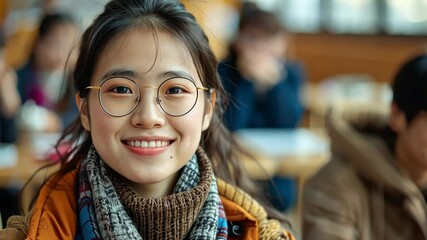 Poster - A cheerful student with glasses sits at a desk, surrounded by classmates in a classroom, enjoying a moment of learning and connection during a sunny day.