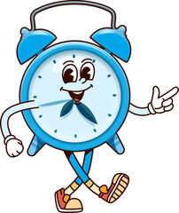 Poster - Groovy school alarm clock character. Cartoon vector cheerful retro personage in stylish shoes conveys a sense of fun and punctuality for school routines, lively morning starts and time management