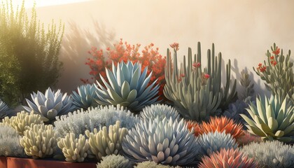 Wall Mural - Desert Oasis: Drought-Tolerant Garden Featuring Potted Chaparral and Cactus Plants on a Charming Patio