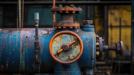 Close-up of an industrial valve with a rusty blue finish against a blurred background.