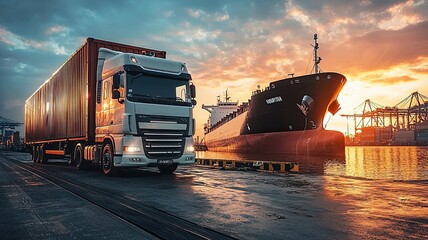 A striking scene of a truck parked beside a cargo ship at sunset, symbolizing logistics and transportation.