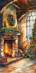 Wall Mural - Christmas scene in watercolor with a warm, inviting atmosphere and soft, blended colors.