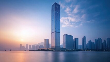 Wall Mural - A stunning city skyline at sunrise, featuring modern skyscrapers reflecting vibrant colors over tranquil waters.