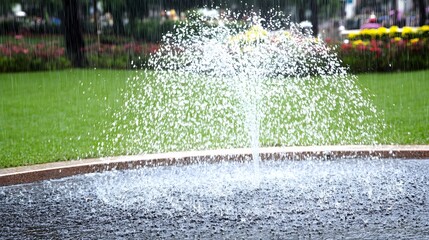 A colorful garden in the rain, with vivid flowers reflecting the freshness of the downpour