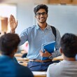 © AmolXNova - A college student confidently answering a question in class, with a happy and proud expression as they engage with their peers.