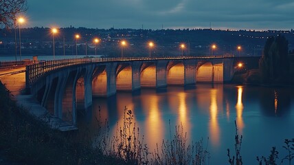 Wall Mural - A tranquil evening scene featuring a beautifully illuminated bridge over a calm river, reflecting warm lights in the water.