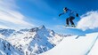 © Photography09 - Snowboarder catching air off a jump, mountains in the background, showcasing extreme action