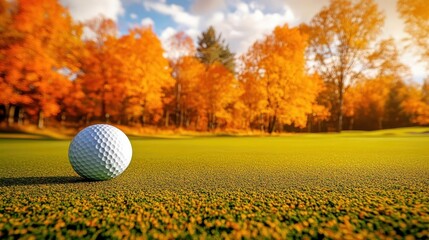 Ball on the green with a backdrop of vibrant orange and yellow trees, showcasing the beauty of autumn, golf course autumn