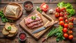 © Pluto - Rustic Tabletop Scene with Sliced Meat, Bread, and Fresh Produce