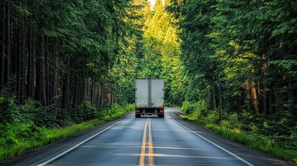 A truck driving through a serene forest road, surrounded by tall trees and dappled sunlight, showcasing nature's beauty.