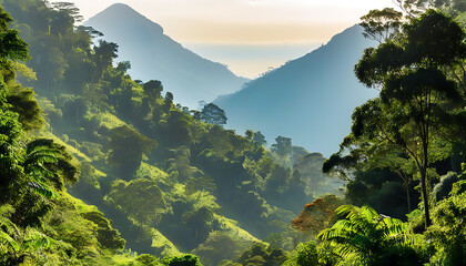 Wall Mural - Artistic representation of natural mountains and tropical forests with mysterious lighting