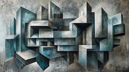 Poster - Abstract geometric artwork with interlocking shapes and a textured surface.