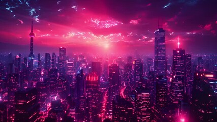 Aufkleber - A vibrant sunset casts pink and purple hues over a citys high-rise buildings.