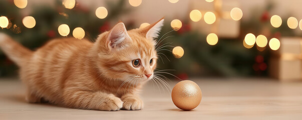 Kitten chasing a shiny Christmas bauble, rolling across the floor in a room decorated with festive lights and holiday garlands