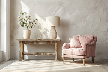 Luxury living room interior with lamps, wooden table and pink armchair