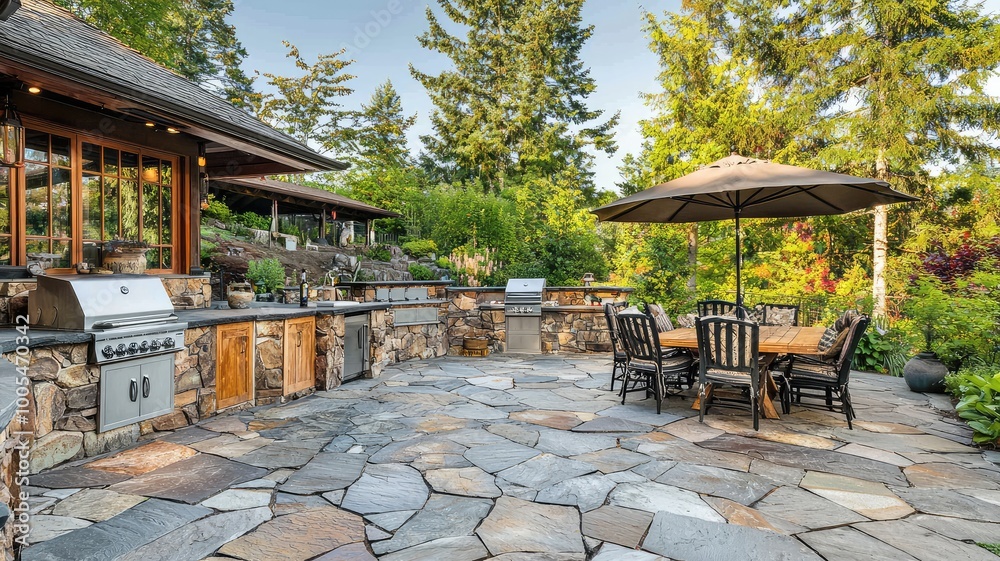 Beautiful outdoor kitchen with stone patio, grill, and dining area ...
