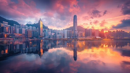 Wall Mural - Breathtaking view of Hong Kong skyline at sunset, with vibrant colors reflecting on calm waters. A stunning urban landscape.