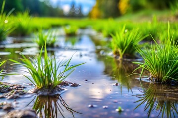 Poster - Close-up of green grass reflecting in shallow puddle