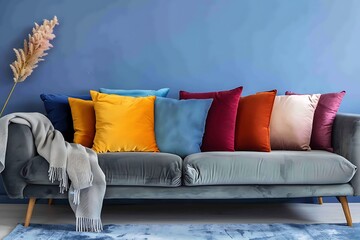 Minimalistic living room interior with stylish decorative pillows on cozy grey sofa near blue wall