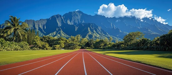 A red running track leads towards a mountain range, with palm trees lining the edge of the grass.