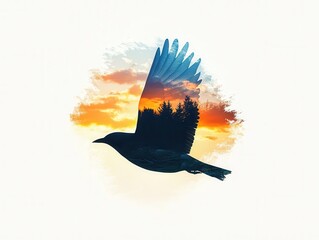 Poster - Bird Silhouette with Sunset and Forest Double Exposure.