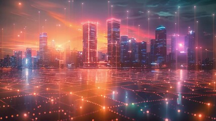 Poster - A vibrant city skyline at dusk, overlaid with glowing digital connections.