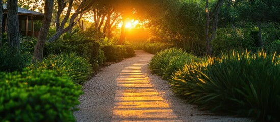 Sticker - Sun shining through trees on a stone pathway.