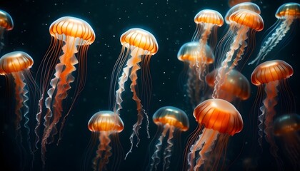 Wall Mural - Bioluminescent Orange Jellyfish Floating Gracefully in the Ocean Depths