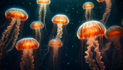 Wall Mural - Bioluminescent Orange Jellyfish Floating Gracefully in the Ocean Depths