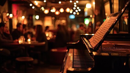 elegant jazz piano in a cozy bar ambiance, with warm lighting and lively patrons enjoying a night of