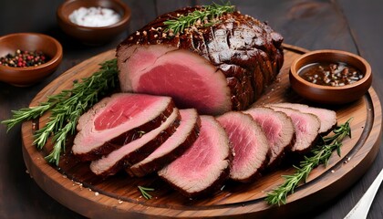 Wall Mural - Elegant Sunday Roast with Sliced Roast Beef and Crispy Onion Rings on Vintage Rustic Metal Platter