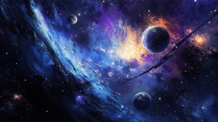 Wall Mural - a cosmic canvas with nebulae, stars, and planets.