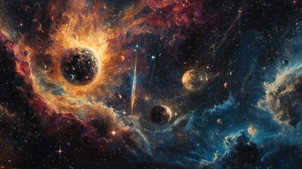 Wall Mural - Cosmic Landscape with Nebula, Planets, and Stars