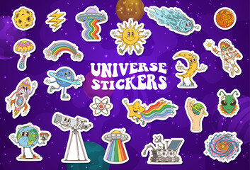 Poster - Groovy space stickers pack. Earth, rocket, astronaut and ufo. Rainbow, star, comet and atom with alien head. Telescope, spaceship, space rover or galaxy spiral, lightning bolt, mushroom and meteorite