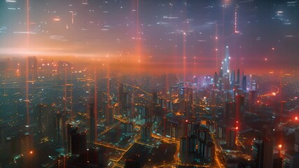 Aufkleber - Twilight view of a futuristic urban skyline with radiant buildings and data streams.
