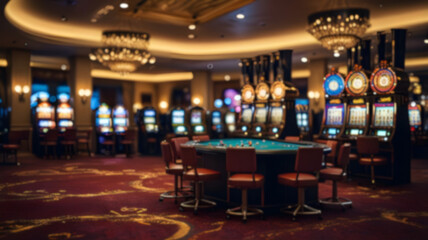 Abstract blur image of casino and gambling room interior for background usage.