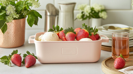 Delightful strawberries and ice cream in stylish container create refreshing scene