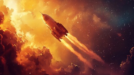Wall Mural - A Spacecraft Ascending Through an Orange Nebula