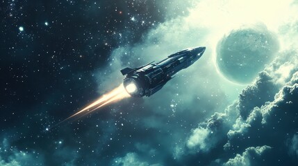 Wall Mural - spaceship soaring through cosmic clouds and stars