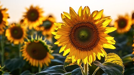 Sticker - A single sunflower in a field of sunflowers, backlit by the setting sun.